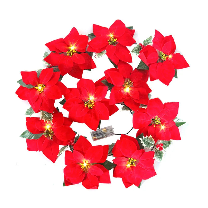 Guirnalda con 10 Flores Navideñas y Luces Led 2m